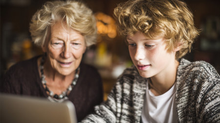 In a warm and cozy home, an elderly woman is patiently teaching a young student how to use a computer, fostering connection.の素材