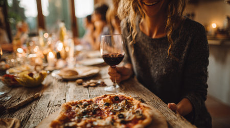 Friends gather around a rustic table, enjoying homemade pizza and sharing laughter with glasses of wine in a warm, inviting atmosphere.の素材