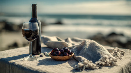 Delicious wine and fresh olives sit on a linen cloth, basking in ocean sunlight on a serene beach during a warm afternoon.の素材