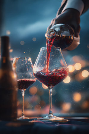 A winemaker pours red wine into a glass for tasting while surrounded by a picturesque vineyard in the background.の素材