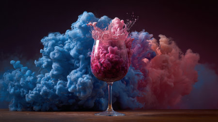 Vivid clouds of smoke swirl around a glass of wine as it splashes, creating a mesmerizing and artistic display of color and form.の素材