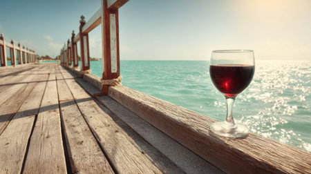 A glass of red wine rests on a wooden railing of a pier. The sun shines brightly while clear ocean water sparkles in the background.の素材