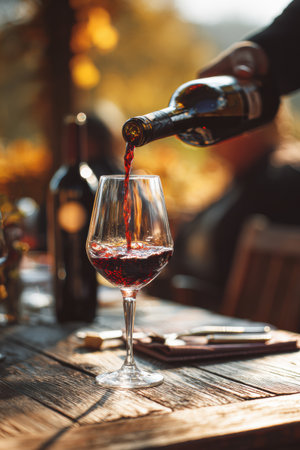 A winemaker pours red wine into a glass, inspecting its quality amidst a scenic vineyard backdrop during harvest season.の素材