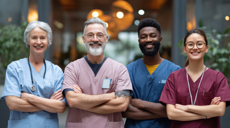 Four medical professionals from diverse backgrounds stand confidently in a modern healthcare setting, showcasing teamwork and support.の素材