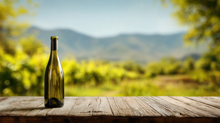 A wine bottle stands on a weathered wooden table overlooking a sunlit vineyard, capturing a moment of peace in nature.の素材