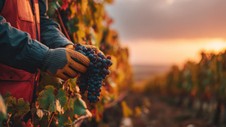 Winemaker evaluates freshly harvested grapes in a sunlit vineyard at golden hour, capturing the essence of wine production.の素材