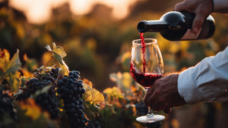 A winemaker pours red wine into a glass for quality assessment against a backdrop of lush vineyards at dusk.の素材