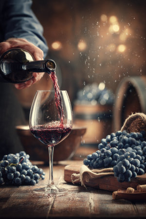 A winemaker attentively pours red wine into a glass for a quality check, surrounded by fresh grapes in a vineyard setting.の素材