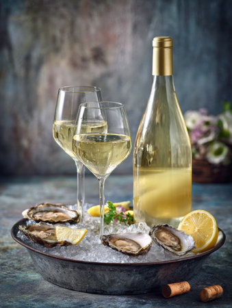 Premium white wine served with icy oysters, fresh lemon, and elegant glasses create a delightful dining experience.の素材