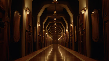 Long corridor of a wine cellar showcases wooden barrels along the walls, illuminated by warm, moody lighting that highlights its symmetry.の素材