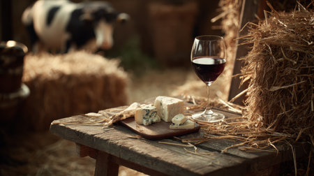 A glass of red wine sits beside a selection of cheeses on a rustic table. Straw surrounds the setting, creating a warm farm ambiance.の素材