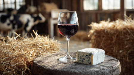 A glass of red wine sits beside a piece of cheese on a rustic wooden table. The farm ambiance creates a cozy setting with hay nearby.の素材