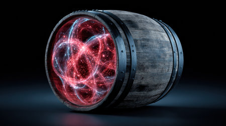 A wine barrel radiates vibrant energy, reimagined as a glowing core, merging traditional craftsmanship with futuristic design elements.の素材