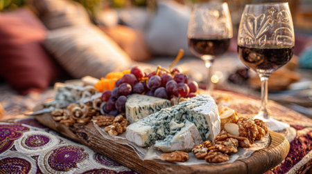 Savoring rich flavors with wine and a gourmet cheese board in a warm, inviting outdoor space as the sun sets.の素材