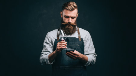 A winemaker inspects sugar levels in grapes with a refractometer in a focused and clean studio setting, showing the process of wine production.の素材