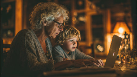 Elderly woman guides a young student in learning computer skills while surrounded by a cozy and warm home setting.の素材