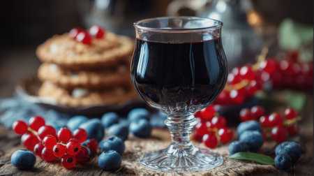 A glass of deep red wine sits beside a berry dessert, with soft lighting enhancing the warm and inviting aesthetic of the setting.の素材