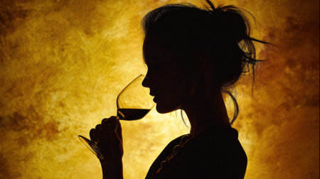 A graceful female silhouette delicately sips wine, illuminated by a warm golden backlight, creating an aura of mystery and luxury.の素材
