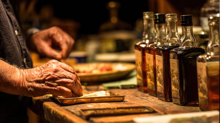 Hands of a skilled winemaker label bottles in a cozy craft wine studio with soft lighting, showing the art of winemaking.の素材