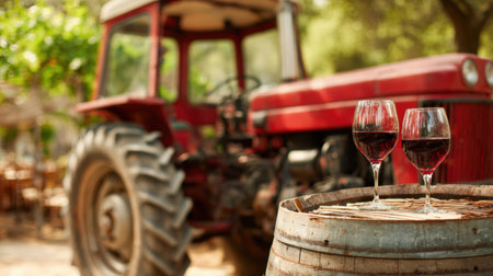 A red tractor sits in the background while two glasses of red wine rest on a wooden barrel, showcasing vineyard life and leisure.の素材