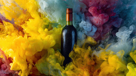 A dark wine bottle stands out as colorful ink clouds swirl around it in a striking visual composition full of energy and vibrance.の素材
