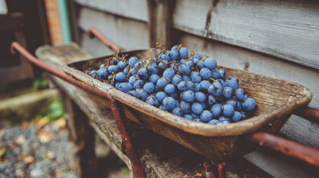 A wooden wheelbarrow filled with freshly picked grapes rests against a rustic building, showing the essence of rural harvest time.の素材