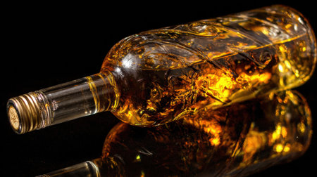 Soft golden light reflects off a wine bottle set against a pitch-black background, creating a captivating and warm ambiance.の素材