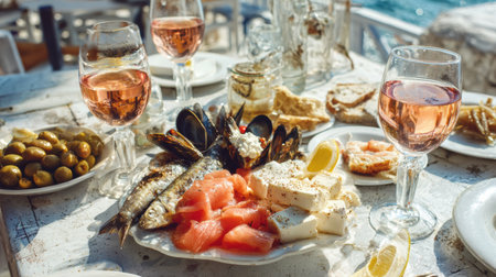 Fresh seafood and wine sit invitingly on a white table in Greece, capturing the essence of summer dining by the sea.の素材