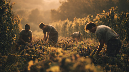 Harvest time in a vineyard shows workers carefully picking ripe grapes as warm sunlight bathes the rows of vines.の素材
