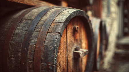 A wooden wine barrel stands proudly by a weathered barn, exuding rustic charm and the warmth of countryside life.の素材