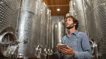 A skilled winemaker inspects fermentation tanks in a contemporary winery setting while taking notes on a tablet.の素材