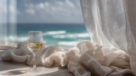Linen curtains sway softly in the seaside breeze, while a glass of wine rests on the table, offering a serene view of the ocean.の素材