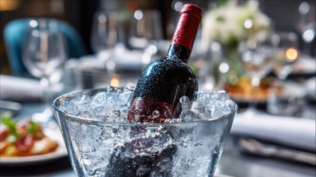 A luxurious wine bottle sits in an ice bucket filled with ice, perfect for a refined dining setting surrounded by fine glassware and tasteful decor.の素材
