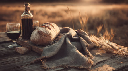 A rustic picnic table hosts a bottle of wine, a glass, fresh bread, and a burlap cloth, creating a cozy atmosphere in the countryside.の素材