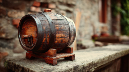 A wooden wine barrel is set against an old barn, showing warm rustic tones and creating a cozy atmosphere in the countryside.の素材