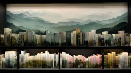 Unique bookshelf showcases book spines that blend beautiful mountain scenery and forest views, creating a serene reading environment.の素材
