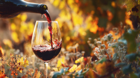 A skilled winemaker pours red wine into a glass for tasting, surrounded by lush vineyard scenery and autumn leaves.の素材