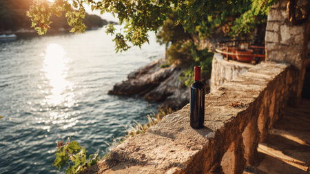 A wine bottle sits on a stone terrace with a view of the Mediterranean Sea during bright, warm sunlight, creating a serene atmosphere.の素材