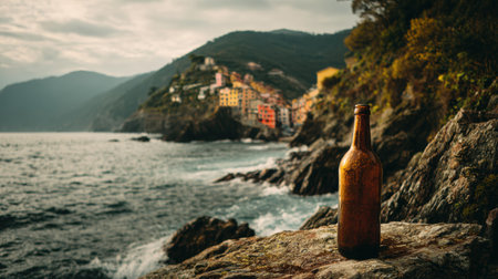 A rustic bottle stands on a rock by the sea, overlooking a colorful cliffside village and gentle waves on a cloudy day.の素材