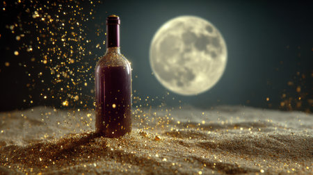 Under the soft glow of moonlight, a wine bottle stands on fine sand scattered with sparkling gold dust, evoking a sense of luxury and magic.の素材