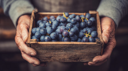 A winemaker displays freshly harvested grapes in hands above a wooden crate, showing the richness of the autumn harvest in a vineyard setting.の素材