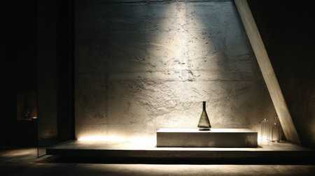 A simple yet elegant interior displays a spotlighted bottle on a concrete platform, creating a serene atmosphere.の素材