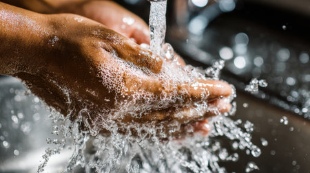 Hands are cleaning dishes under flowing water, highlighting foam and reflections in a bright kitchen space during daylight.の素材