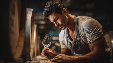 A winemaker in an apron closely inspects a glass of wine, checking its clarity and color against wooden barrels in the winery.の素材