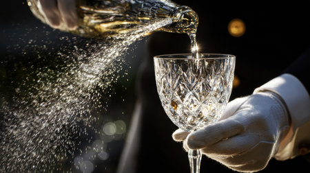 A skilled sommelier carefully pours a premium wine into a sparkling crystal glass, showcasing elegance and craftsmanship during a luxurious event.の素材