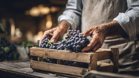 A skilled winemaker selects ripe grapes for sorting, surrounded by a rustic atmosphere in a vineyard or winery setting.の素材