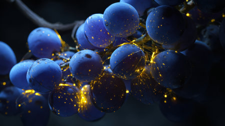 Bunches of ripe grapes are beautifully lit by delicate golden fairy lights, forming a dreamy atmosphere at night.の素材