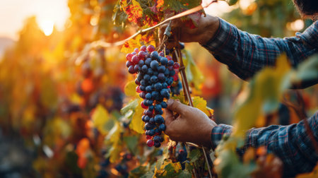 Farmer gently holds a cluster of ripe grapes in a vineyard, surrounded by lush vines under warm evening light.の素材