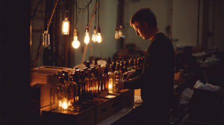 A winemaker is focused on labeling bottles by hand while surrounded by warm, intimate lighting in a cozy craft wine studio.の素材