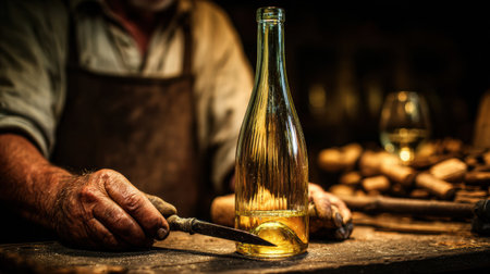 Skilled winemaker carefully applies melting wax to seal a bottle in a cozy, golden-lit winery setting, emphasizing craftsmanship and tradition.の素材